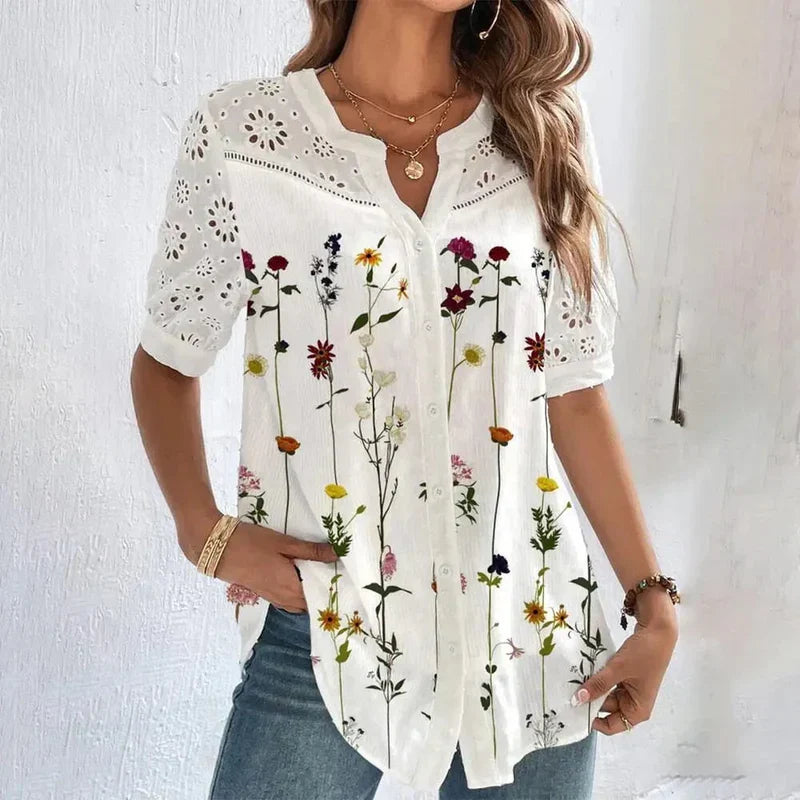 Women's Chic Eyelet V-neck Short Sleeve Blouse with Floral Print | Ideal for Spring/Summer