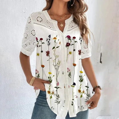 Women's Chic Eyelet V-neck Short Sleeve Blouse with Floral Print | Ideal for Spring/Summer