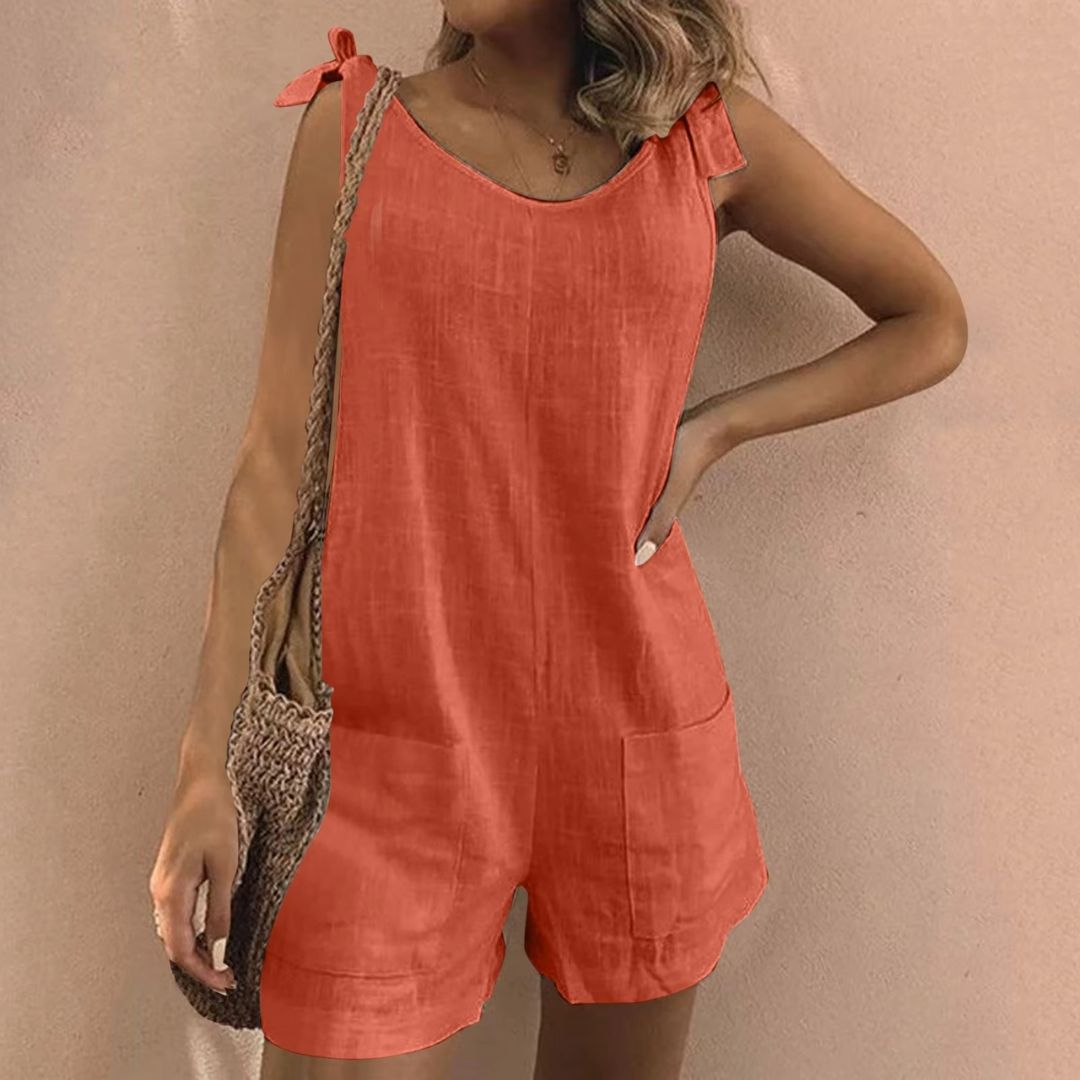 Women’s Casual Jumpsuit – Tie-Shoulder Romper with Pockets