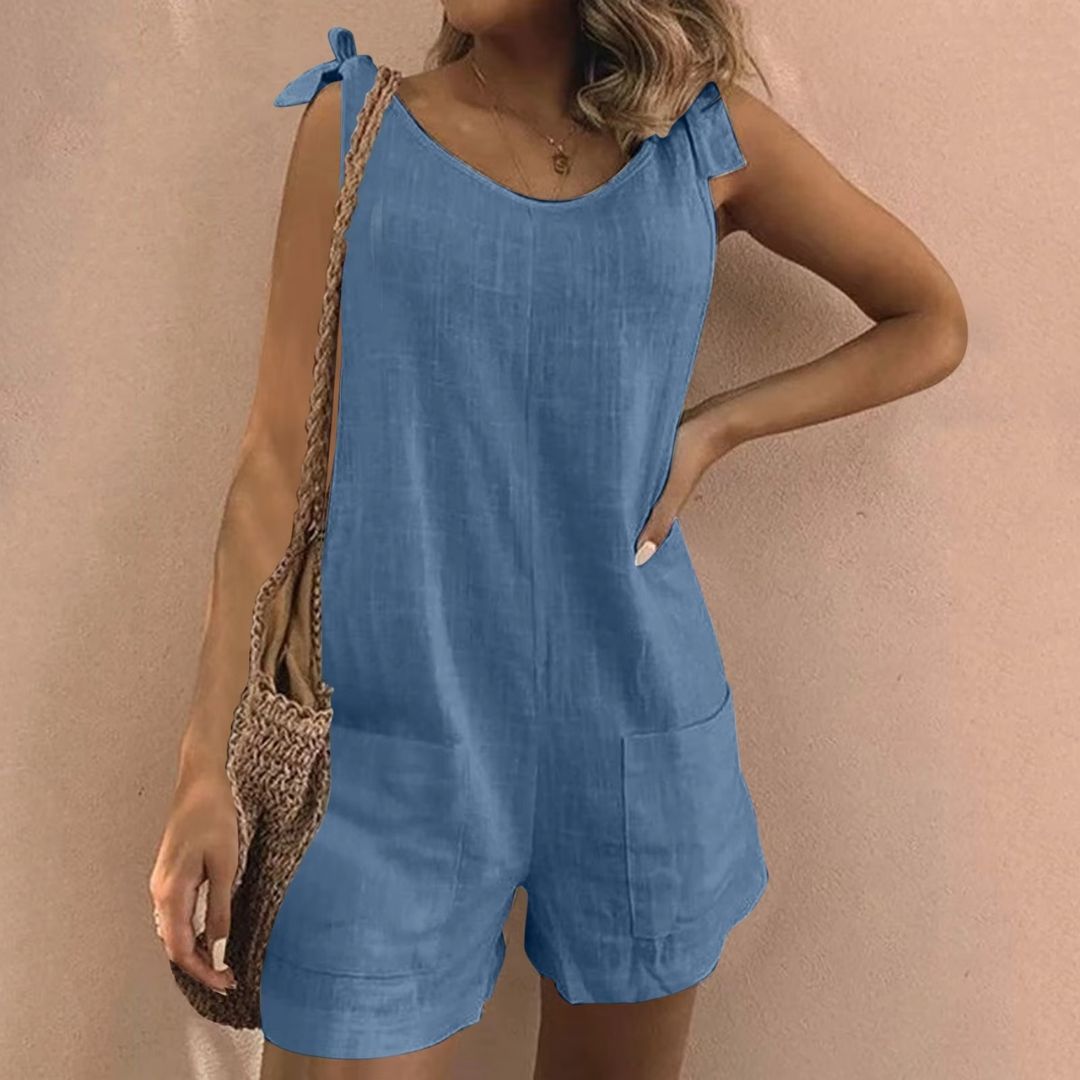 Women’s Casual Jumpsuit – Tie-Shoulder Romper with Pockets