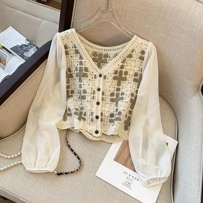 Women's Classic Cropped Puff Sleeve Blouse with Embroidery Style | Ideal for Spring/Summer