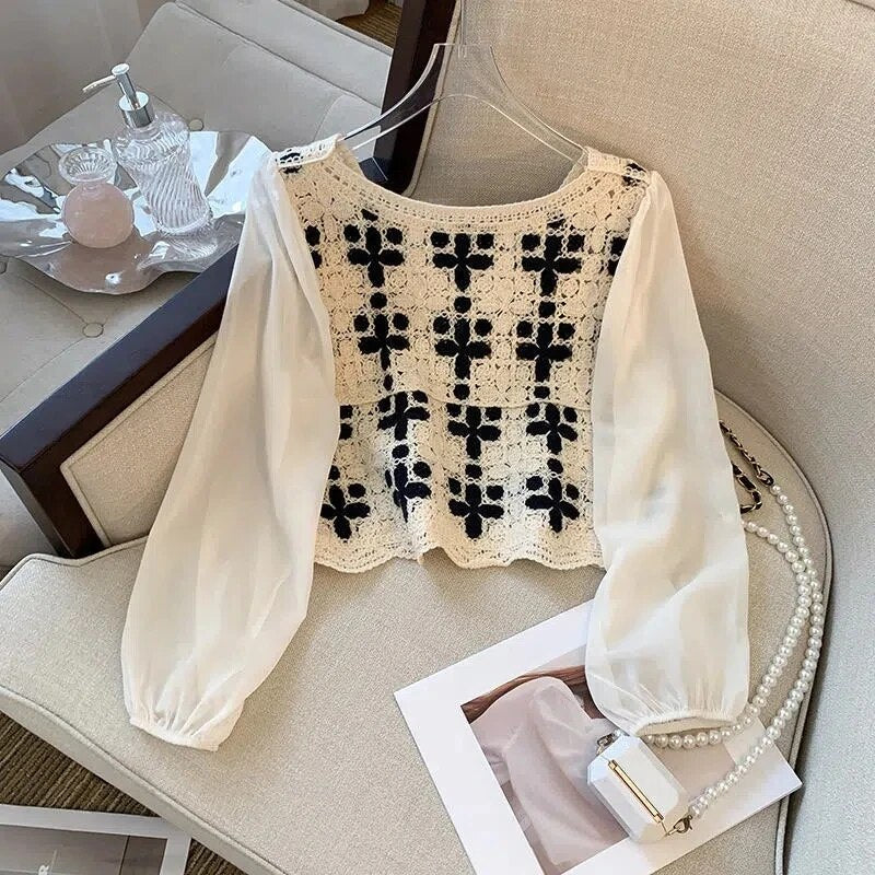 Women's Classic Cropped Puff Sleeve Blouse with Embroidery Style | Ideal for Spring/Summer