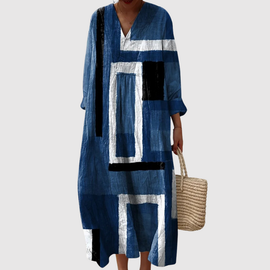 Women's Abstract Midi Dress with V-Neckline
