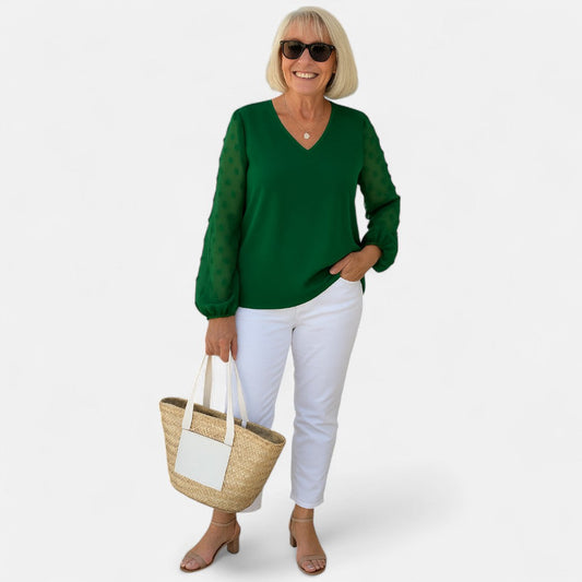 Women's Airy Blouse with Sheer Sleeves for Summer Tops