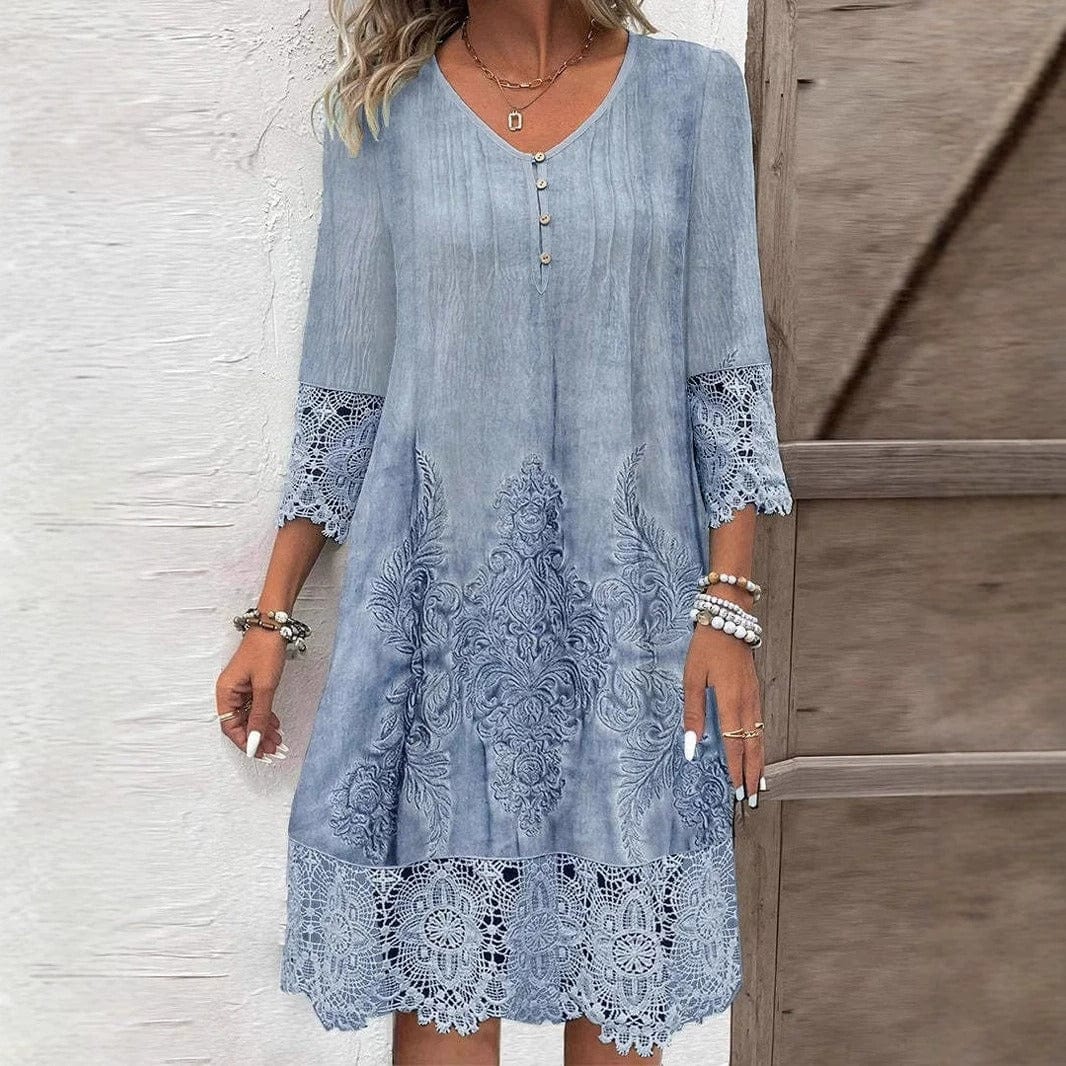 Women's Boho Floral Summer Dress with Crochet Lace and Functional Buttons