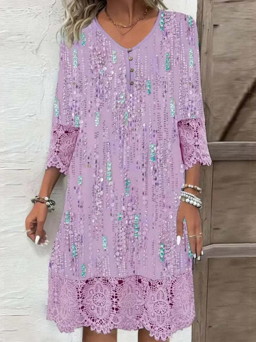 Women's Boho Floral Summer Dress with Crochet Lace and Functional Buttons