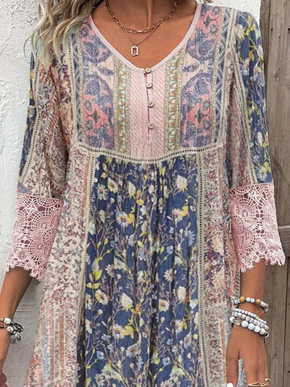 Women's Boho Floral Summer Dress with Crochet Lace and Functional Buttons