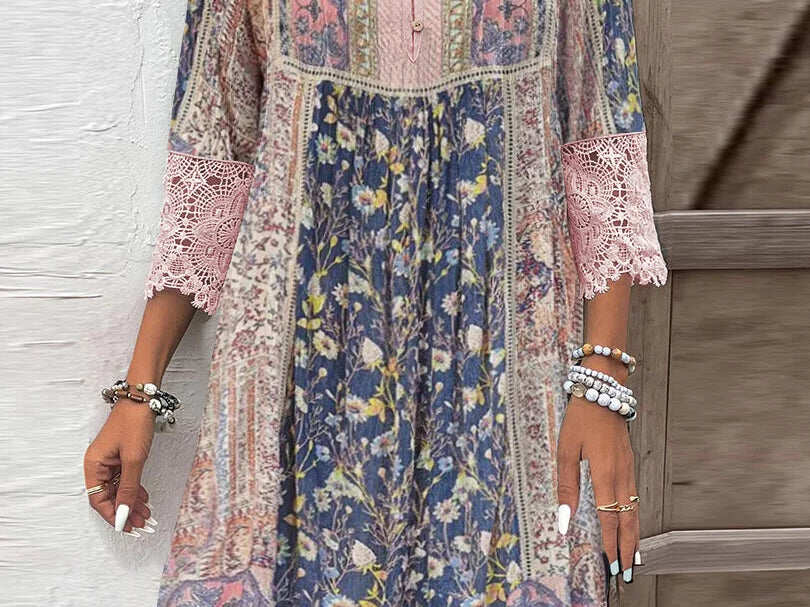 Women's Boho Floral Summer Dress with Crochet Lace and Functional Buttons