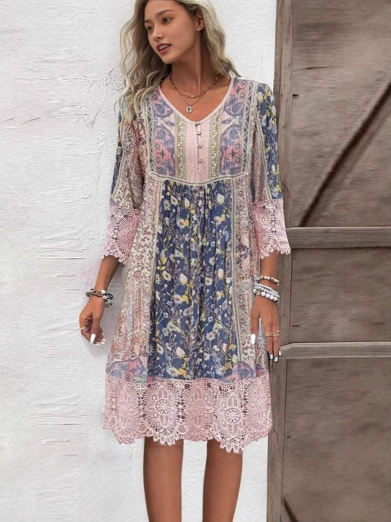 Women's Boho Floral Summer Dress with Crochet Lace and Functional Buttons