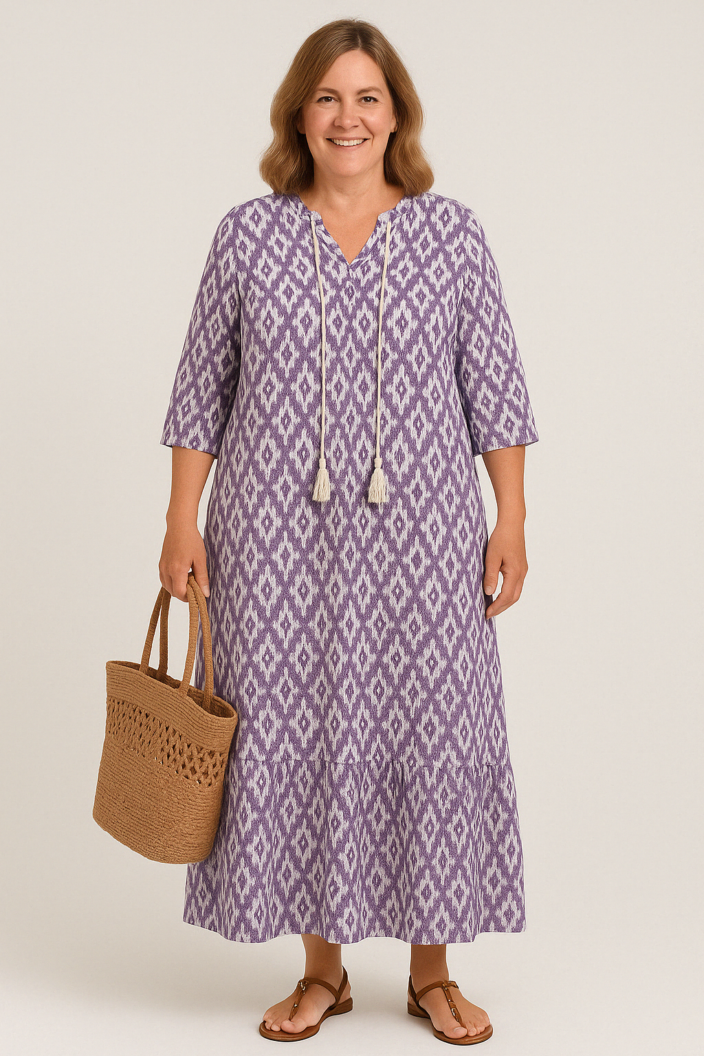 Women's Boho Midi Dress with Tummy Coverage and Split Neckline