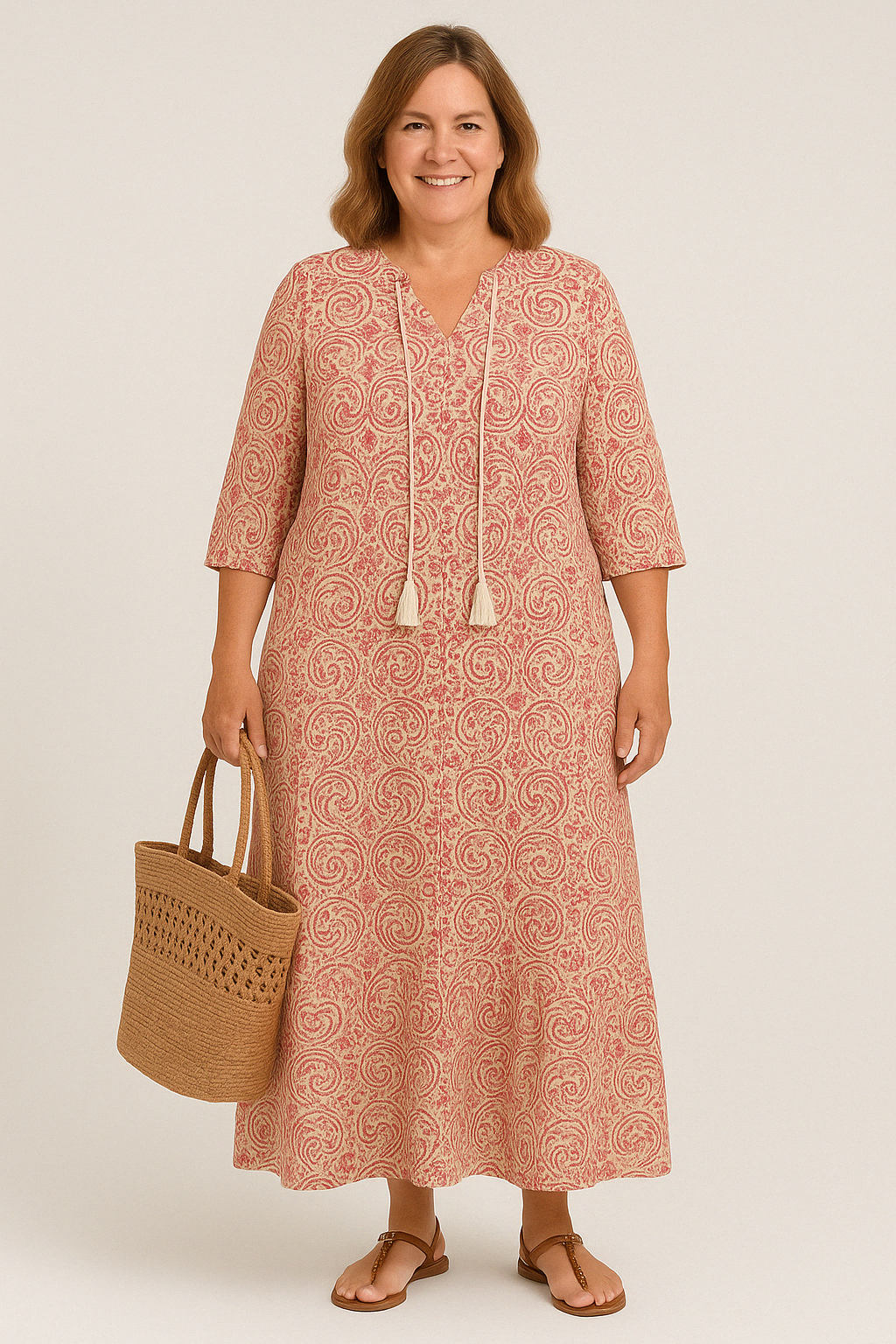 Women's Boho Midi Dress with Tummy Coverage and Split Neckline