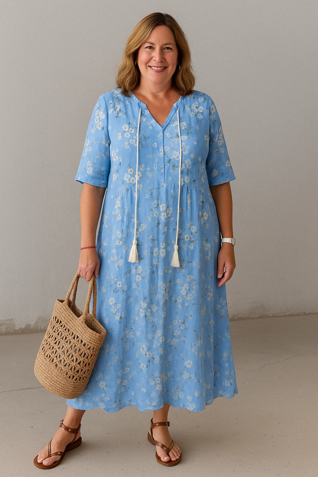 Women's Boho Midi Dress with Tummy Coverage and Split Neckline