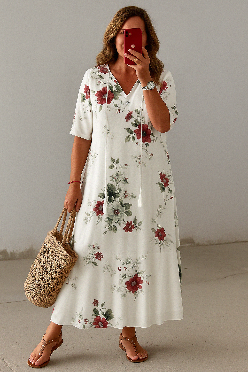 Women's Boho Midi Dress with Tummy Coverage and Split Neckline
