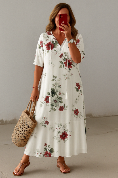 Women's Boho Midi Dress with Tummy Coverage and Split Neckline