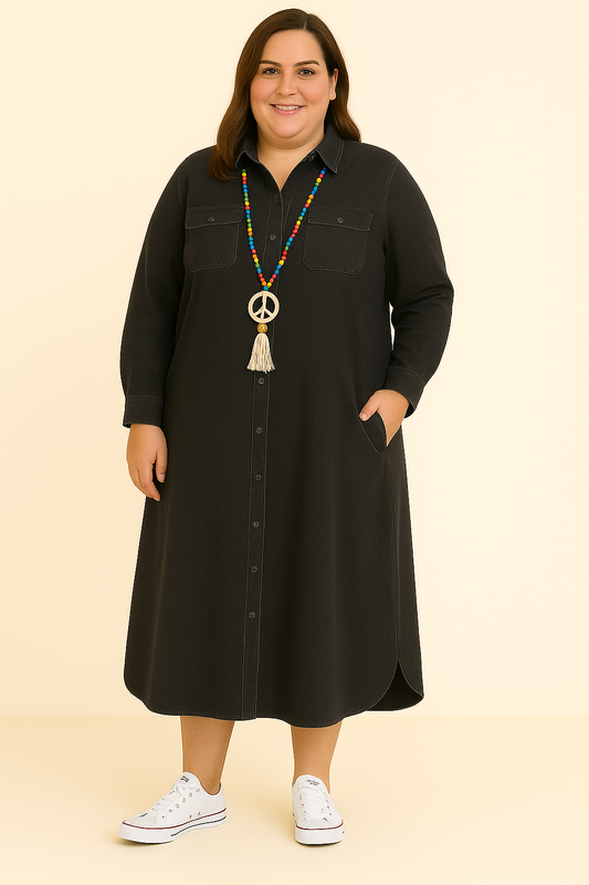 Women's Casual Denim Dress with Button Front and Chest Pockets