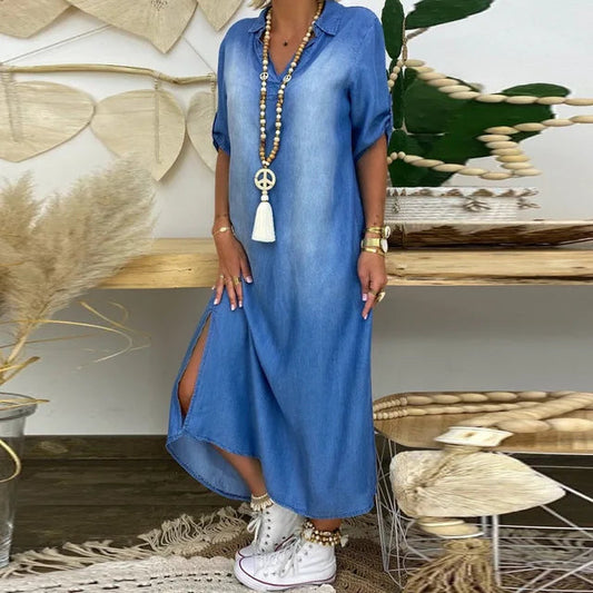 Women's Casual Long Denim Dress with Side Slit for Everyday Wear