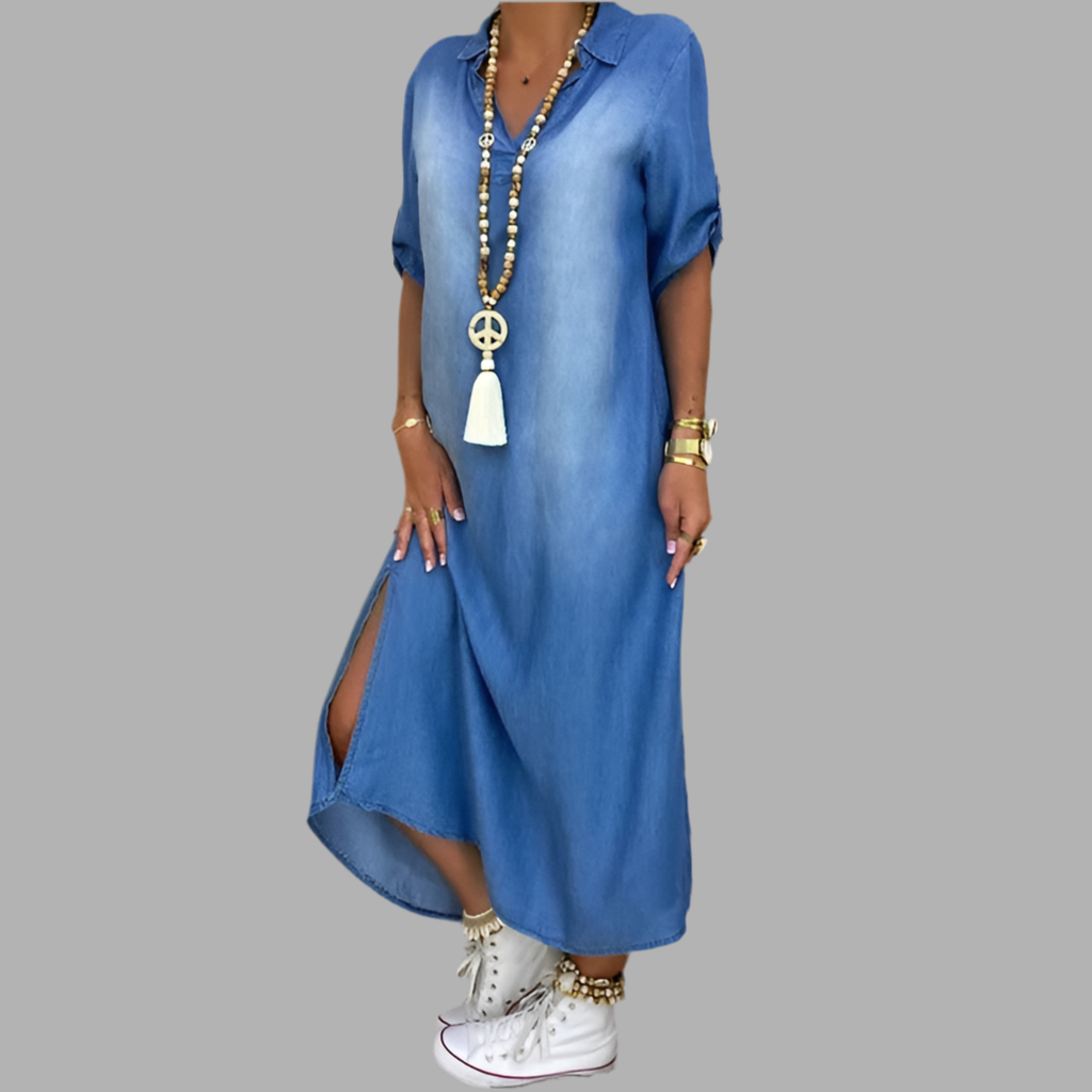 Women's Casual Long Denim Dress with Side Slit for Everyday Wear