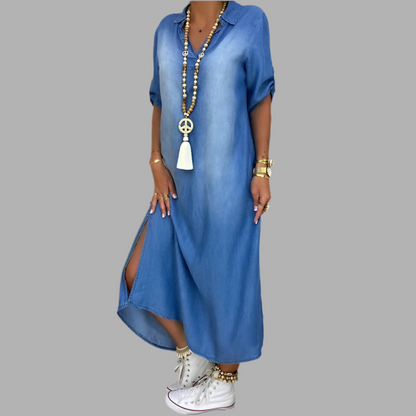 Women's Casual Long Denim Dress with Side Slit for Everyday Wear