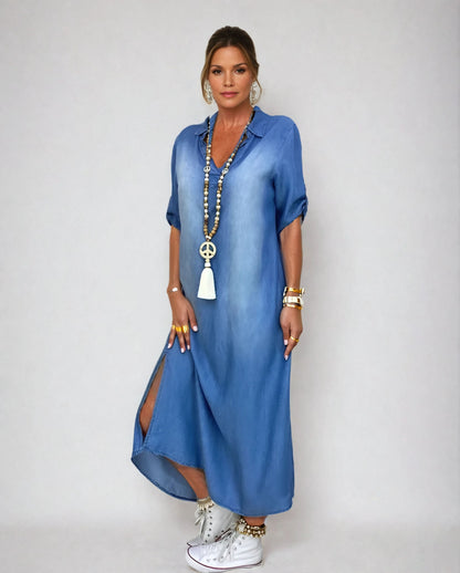 Women's Casual Long Denim Dress with Side Slit for Everyday Wear