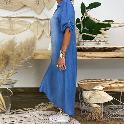 Women's Casual Long Denim Dress with Side Slit for Everyday Wear