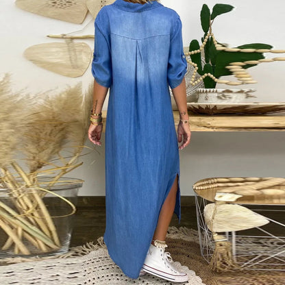 Women's Casual Long Denim Dress with Side Slit for Everyday Wear