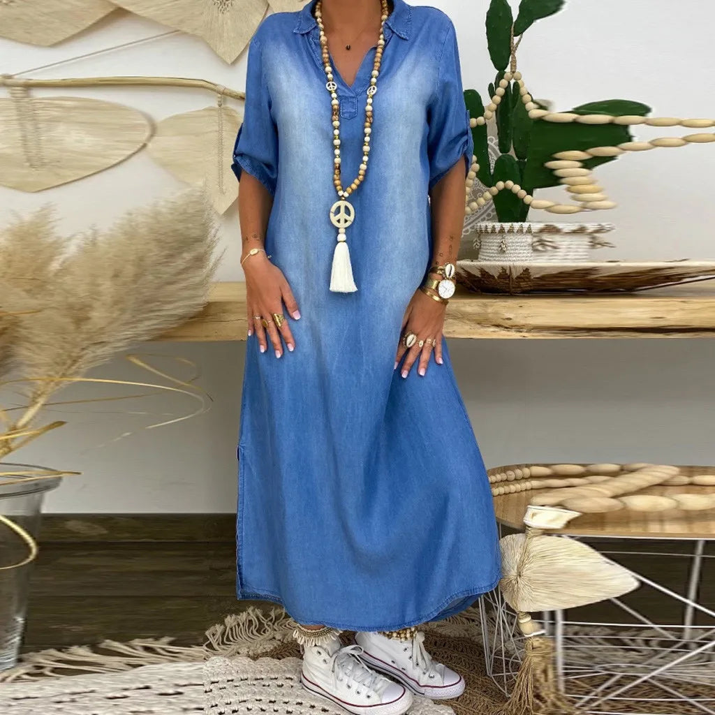 Women's Casual Long Denim Dress with Side Slit for Everyday Wear