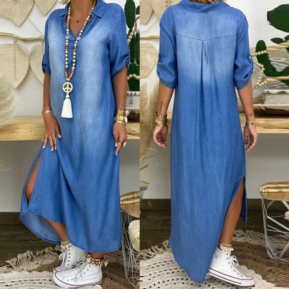 Women's Casual Long Denim Dress with Side Slit for Everyday Wear