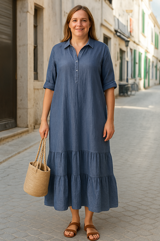 Women's Casual Maxi Dress with Half Button and Tiered Skirt