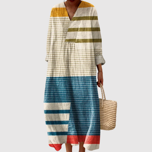 Women's Casual Maxi Dress with Horizontal Stripes and V-Neckline
