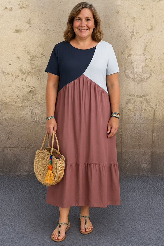 Women's Casual Midi Dress with Colourblock Design and Gathered Waist