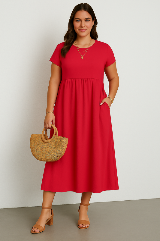 Women's Casual Tummy Covering Midi Dress with Side Pockets