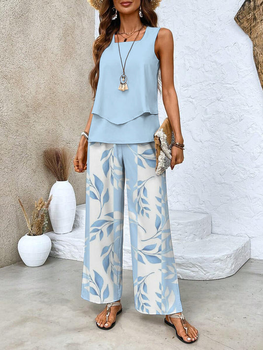 Women's Chic Two-Piece Set with Wide-Leg Pants for Casual Summer Outings