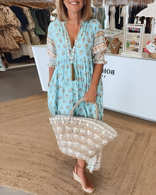 Women's Comfortable Summer Dress with V-Neckline and Floral Pattern
