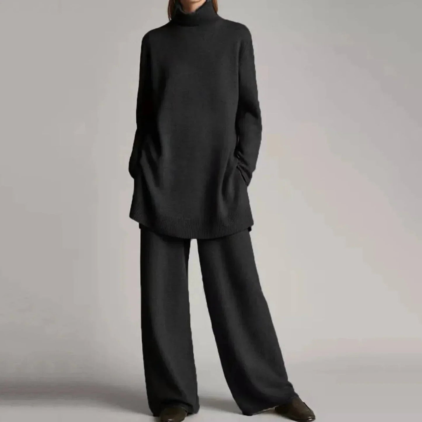 Women's Comfortable Two-Piece Suit Set with Knitted Sweater and Wide-Leg Pants