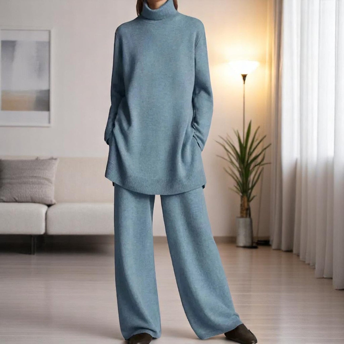 Women's Comfortable Two-Piece Suit Set with Knitted Sweater and Wide-Leg Pants