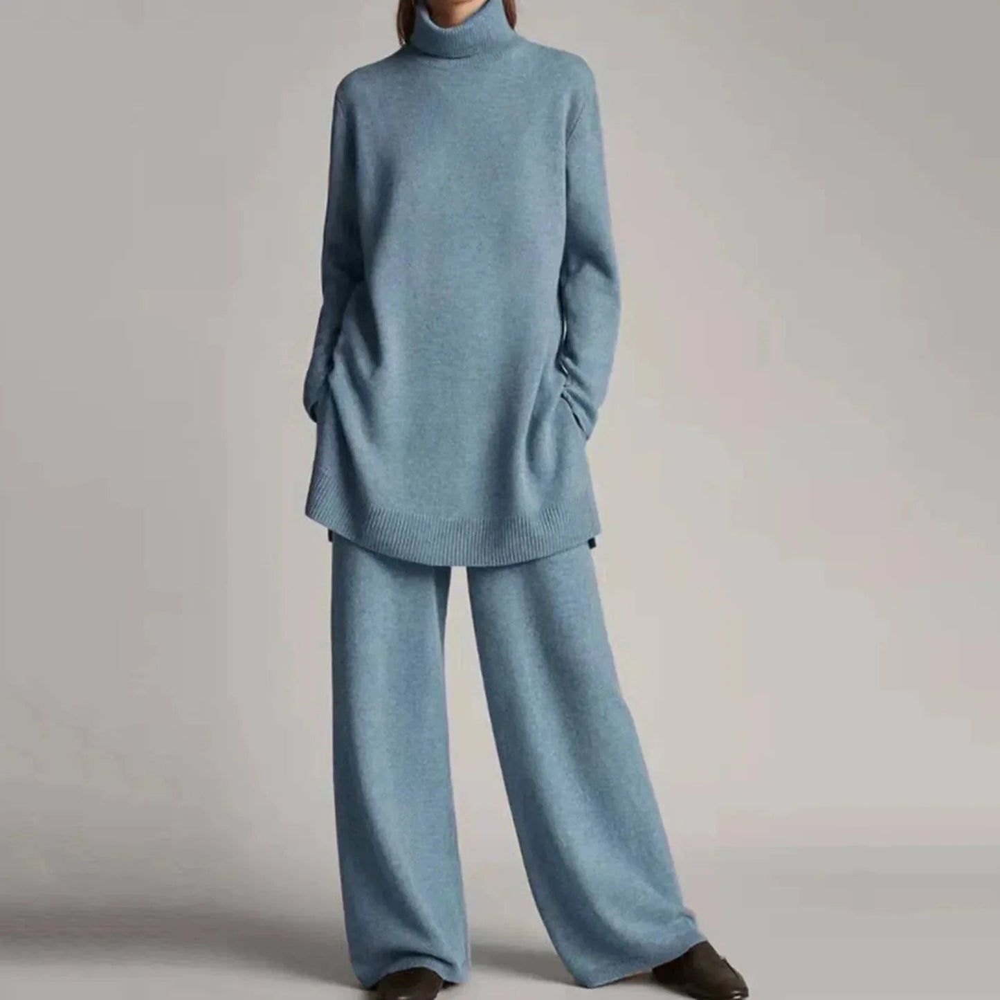 Women's Comfortable Two-Piece Suit Set with Knitted Sweater and Wide-Leg Pants
