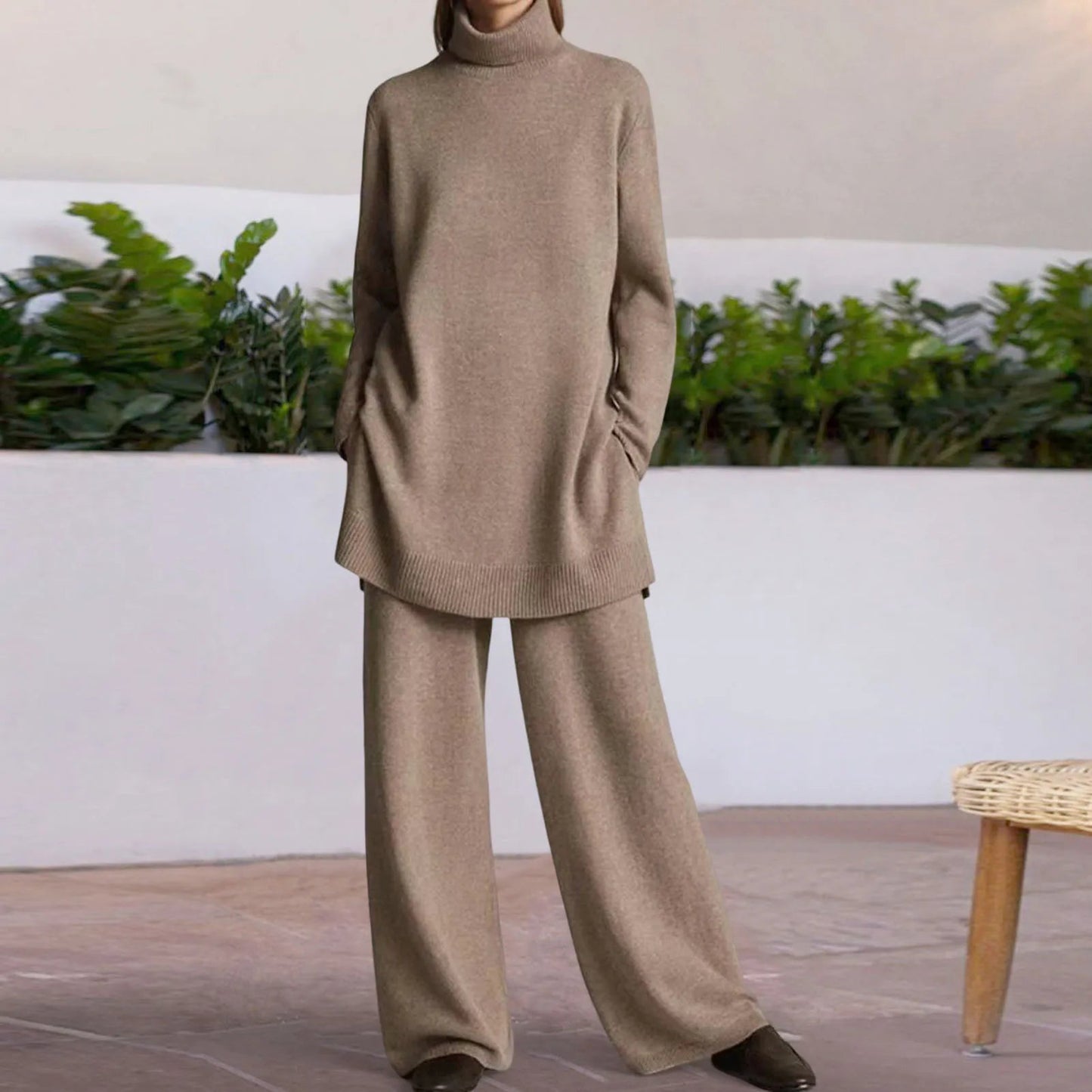 Women's Comfortable Two-Piece Suit Set with Knitted Sweater and Wide-Leg Pants