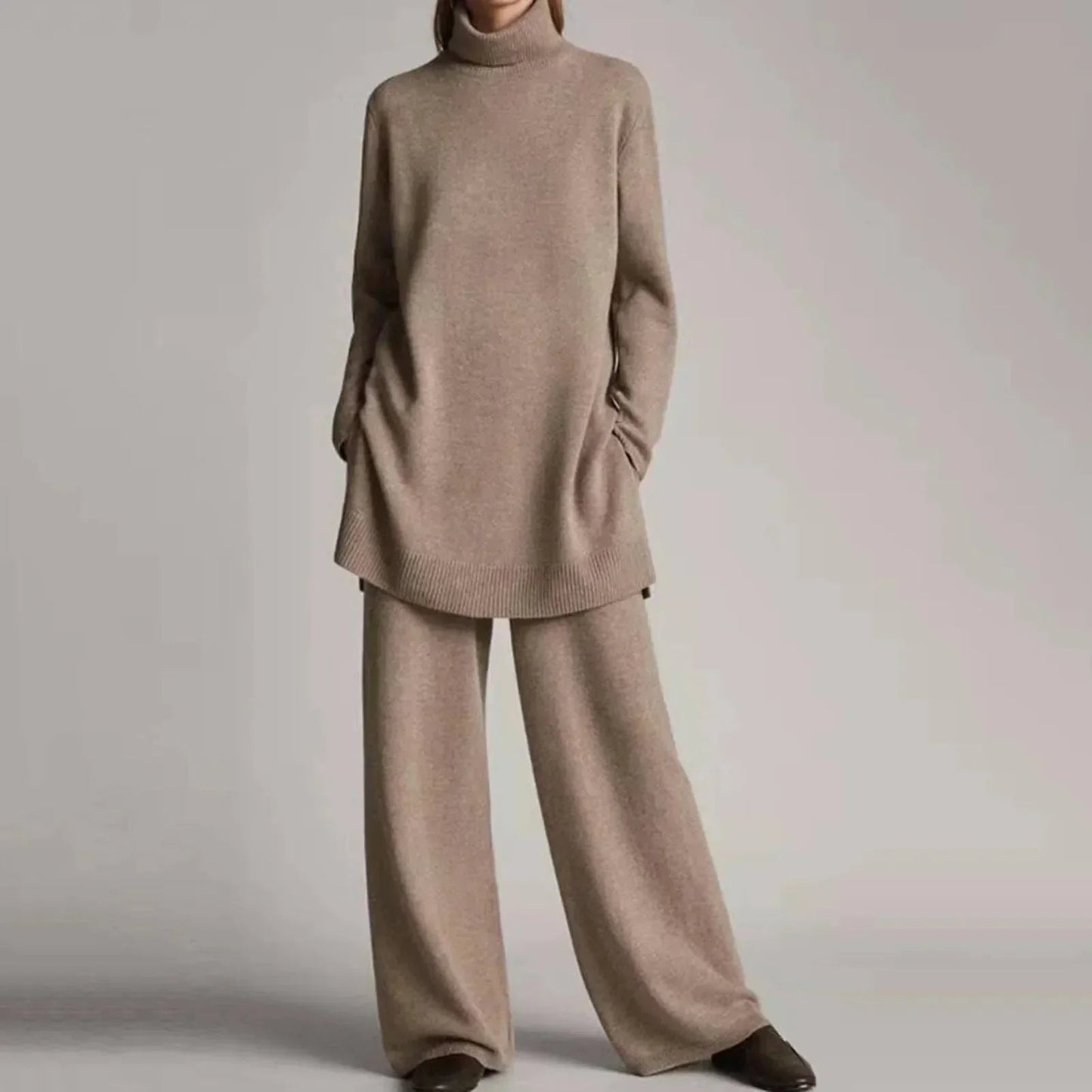 Women's Comfortable Two-Piece Suit Set with Knitted Sweater and Wide-Leg Pants