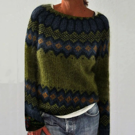 Women's Cozy Retro Sweater with Nostalgic Pattern and Relaxed Fit