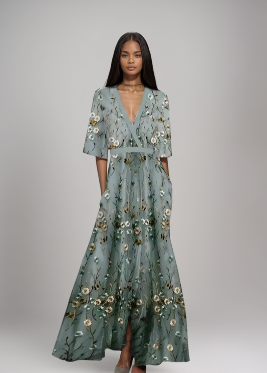 Women's Floral Embroidered Maxi Dress with Deep V-Neckline and Side Pockets