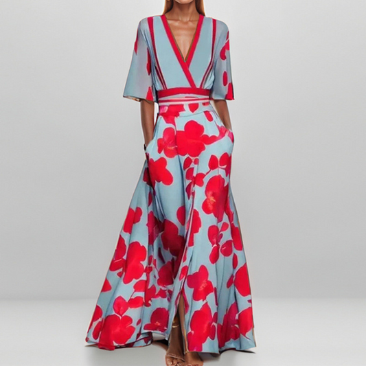 Women's Floral Maxi Dress with V-Neckline and Wide Sleeves for Summer Events