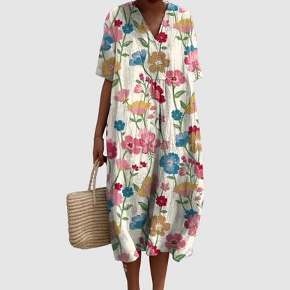 Women's Floral Midi Dress with V-Neckline