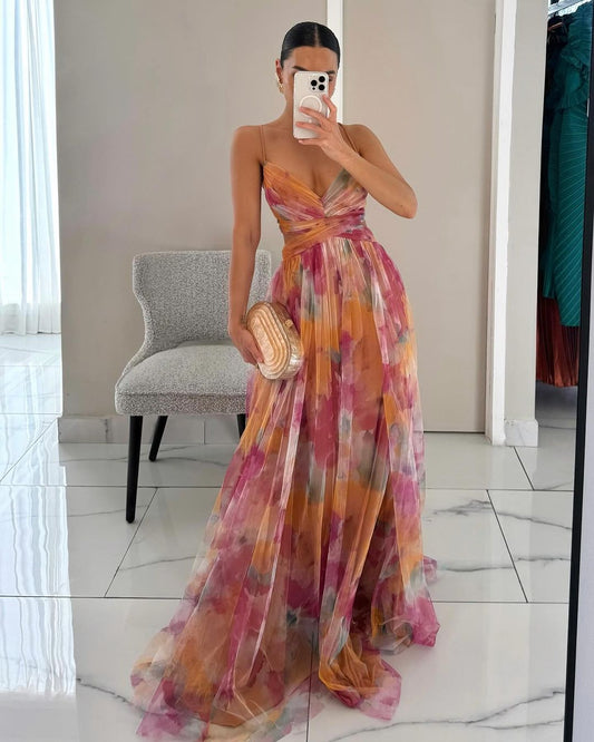 Women's Flowing Maxi Dress with Watercolor Print for Summer and Formal Events