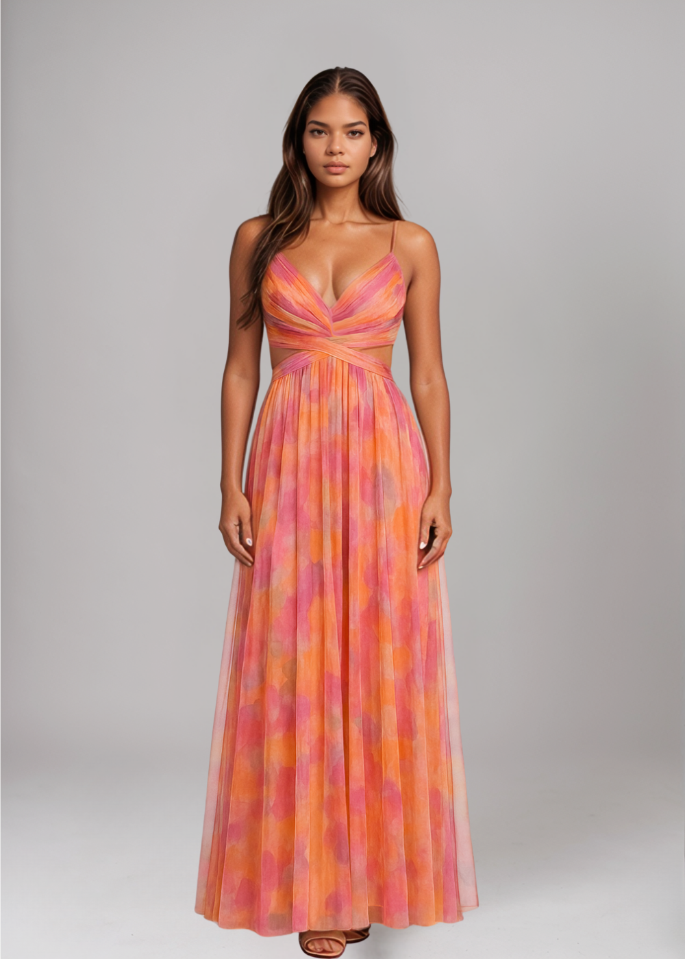 Women's Flowing Maxi Dress with Watercolor Print for Summer and Formal Events