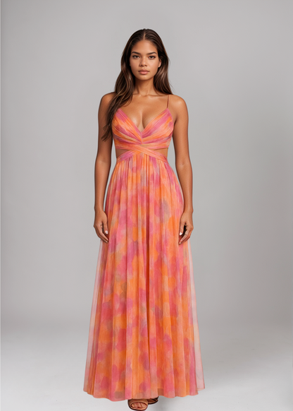 Women's Flowing Maxi Dress with Watercolor Print for Summer and Formal Events