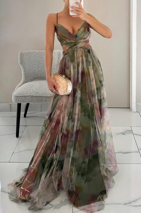 Women's Flowing Maxi Dress with Watercolor Print for Summer and Formal Events