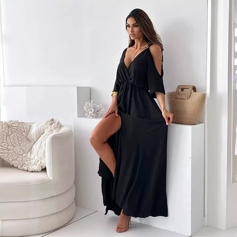Women's Flowy Maxi Dress with Strapless Design and Side Slit