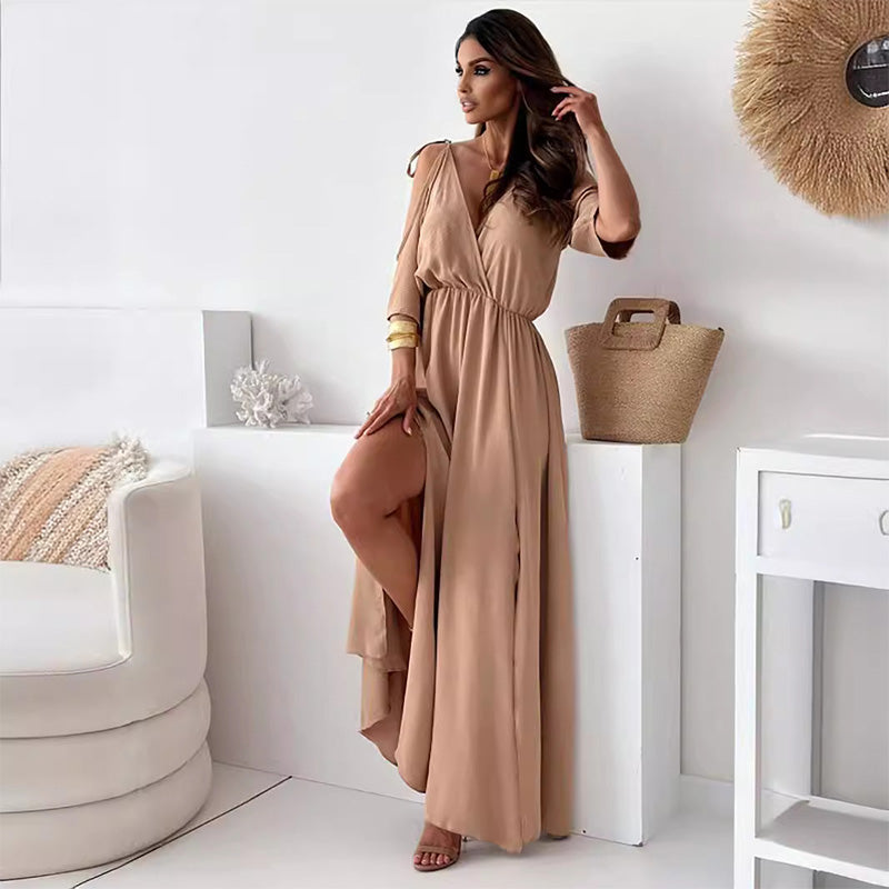 Women's Flowy Maxi Dress with Strapless Design and Side Slit