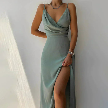 Women's Formal Satin Dress with Waterfall Neckline and Side Slit