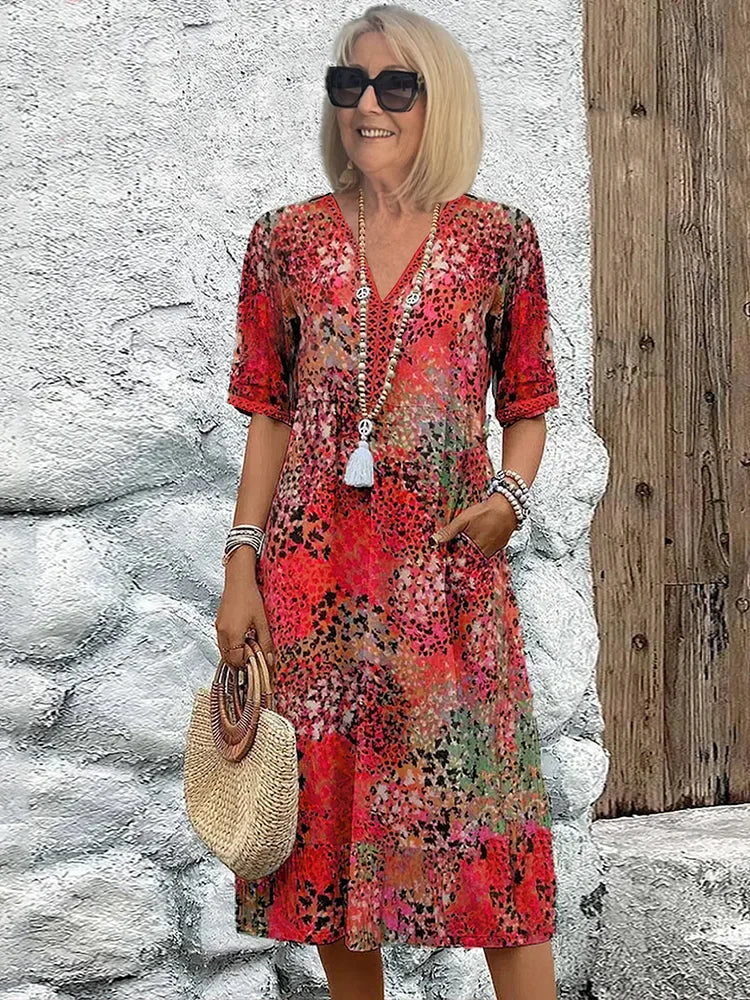 Women's Lightweight Midi Dress with V-Neck Design for Summer